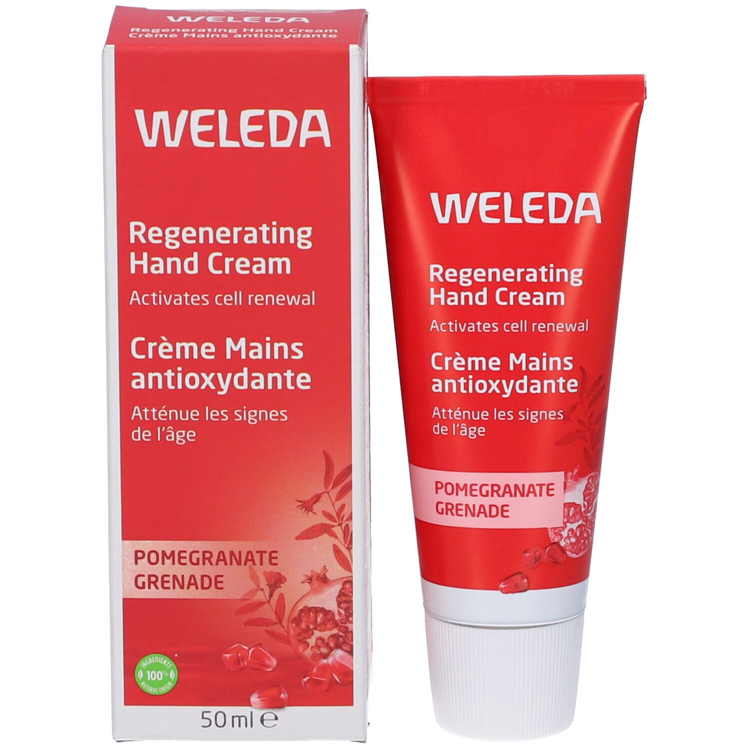 Scatola e tubo rossi. Scritta: WELEDA, Regenerating Hand Cream, Crème Mains antioxydante, Pomegranate Grenade. 50ml.