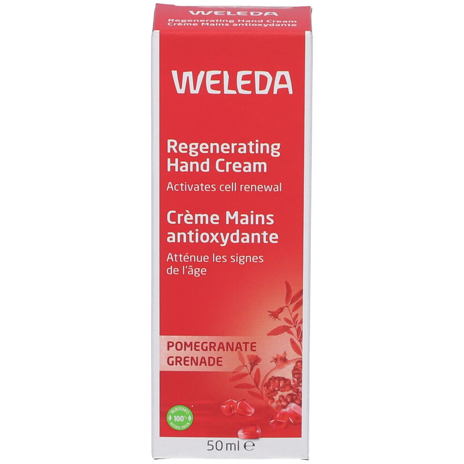 Scatola rossa. Scritta: WELEDA, Regenerating Hand Cream, Crème Mains antioxydante, Pomegranate Grenade. 50ml.
