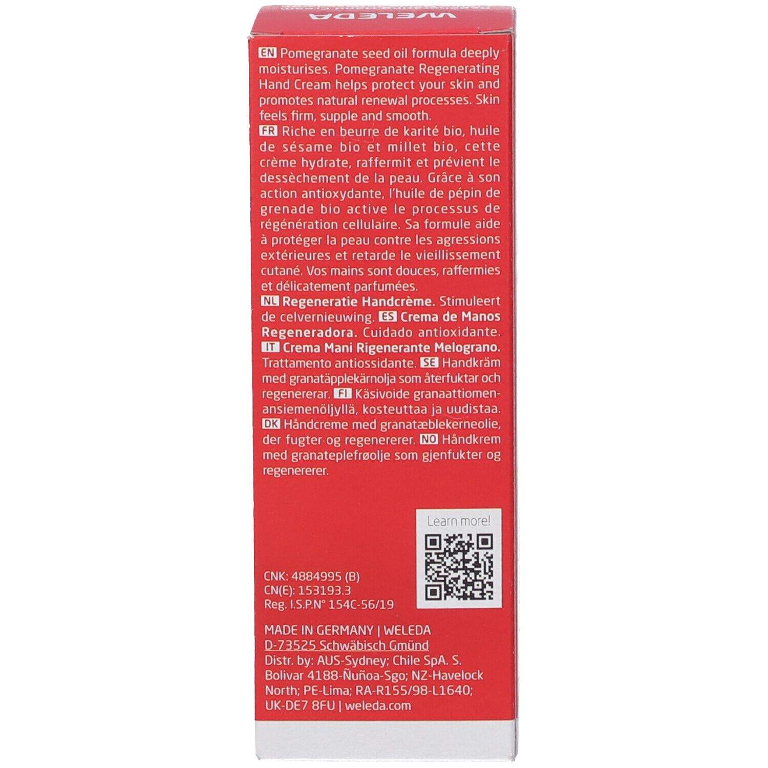 Lato della scatola con descrizione del prodotto. Testo multilingue. Logo Weleda, codice QR, Prodotto in Germania.