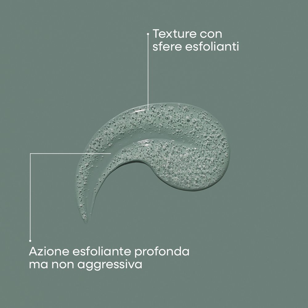 Texture di esfoliante viso con sfere esfolianti, azione profonda ma non aggressiva.