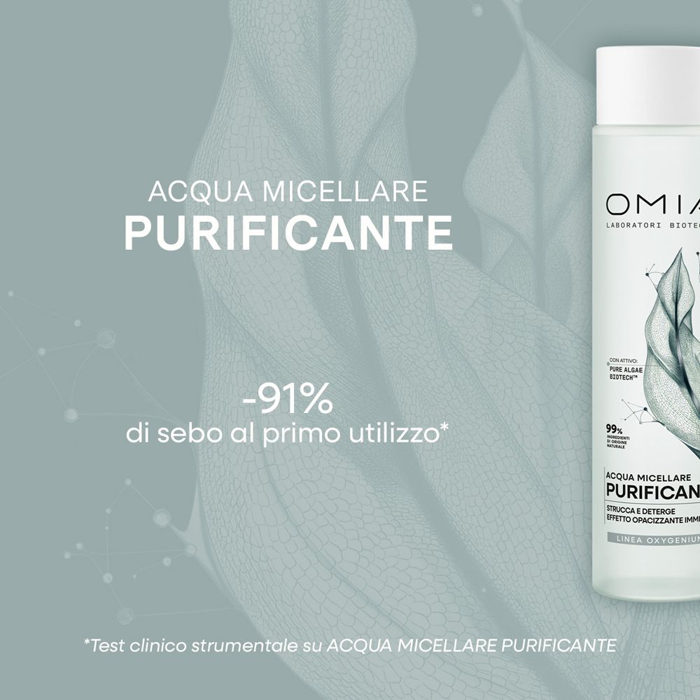 OMIA BIOTECH Acqua Micellare Purificante: flacone accanto a testo con percentuale.