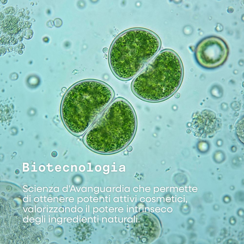 Vista microscopica di cellule con testo sulla biotecnologia.