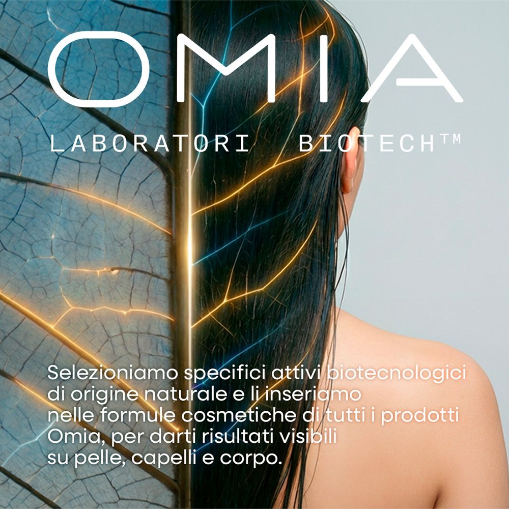 Vista posteriore di una donna con testo su OMIA BIOTECH.