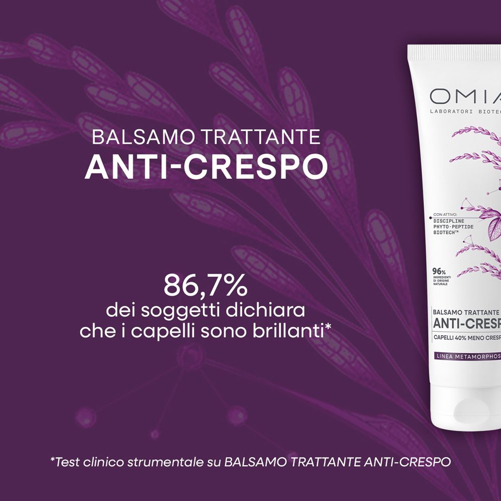 Tubo balsamo anti-crespo OMIA accanto a testo sulla brillantezza dei capelli. 86,7% dei soggetti dichiara capelli brillanti.