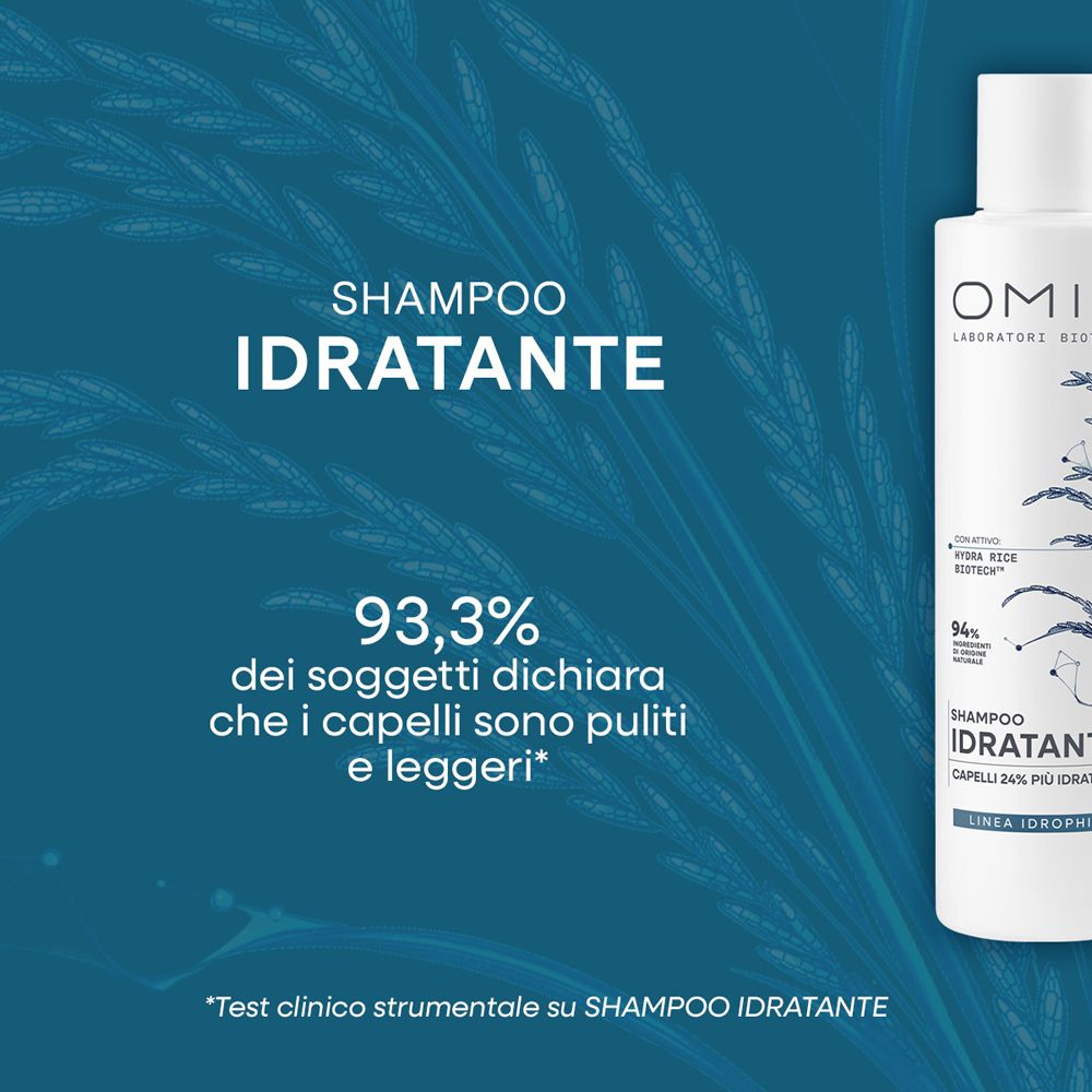 Flacone bianco con etichetta blu, riportante "SHAMPOO IDRATANTE" e una percentuale.