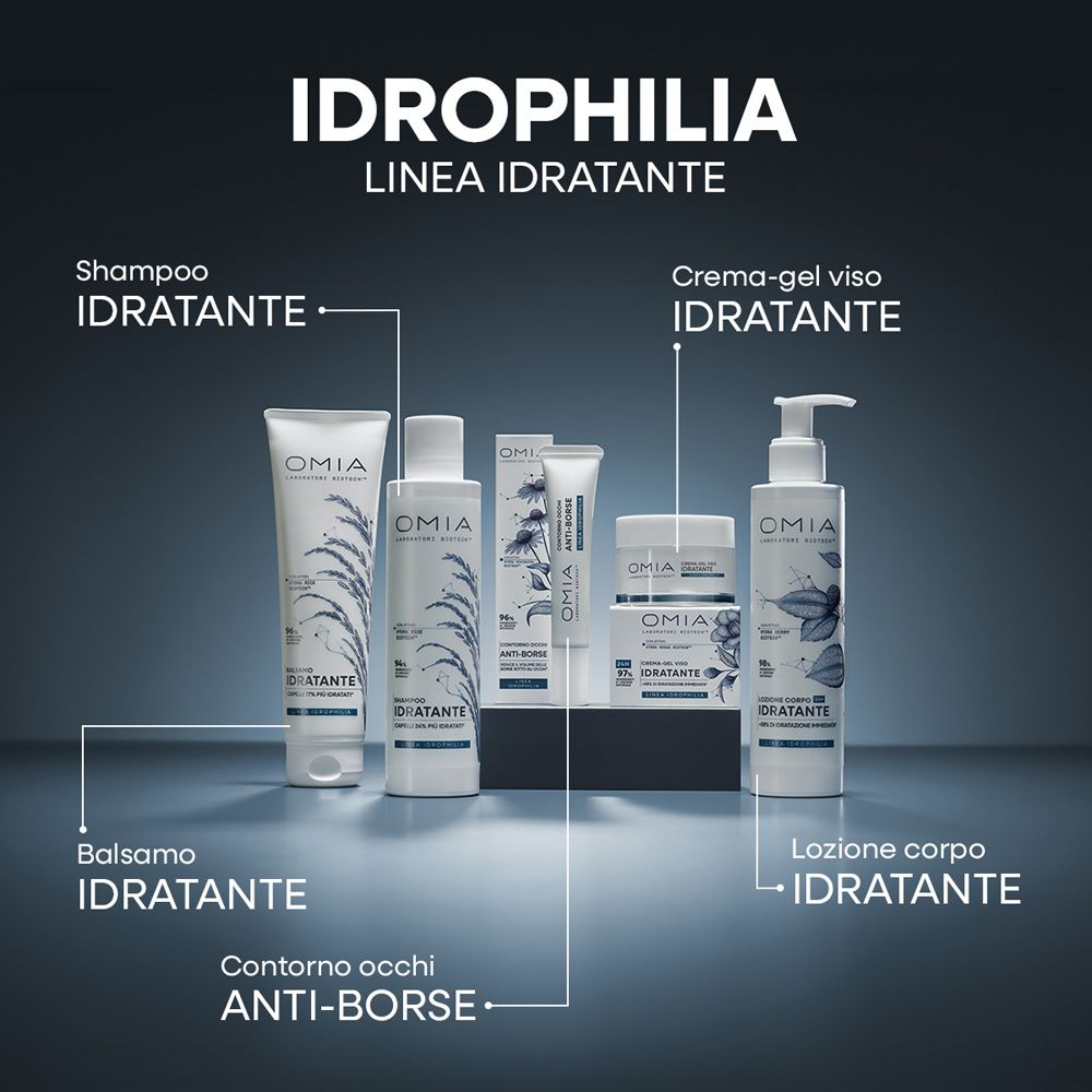 Cinque prodotti per la cura del corpo OMIA: shampoo, balsamo, contorno occhi, crema-gel viso e lozione corpo.