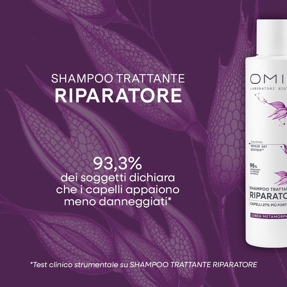 Flacone OMIA Shampoo Riparatore e grafica di avena.