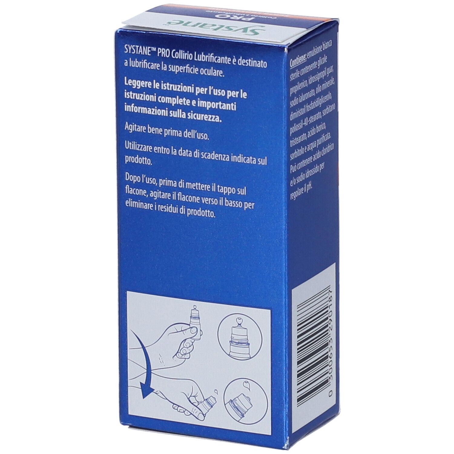 Systane Pro collirio, confezione da 10ml con istruzioni per l'uso.
