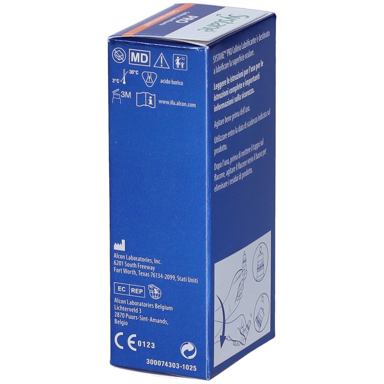 Scatola blu con informazioni mediche e simboli, contiene un flacone di collirio.