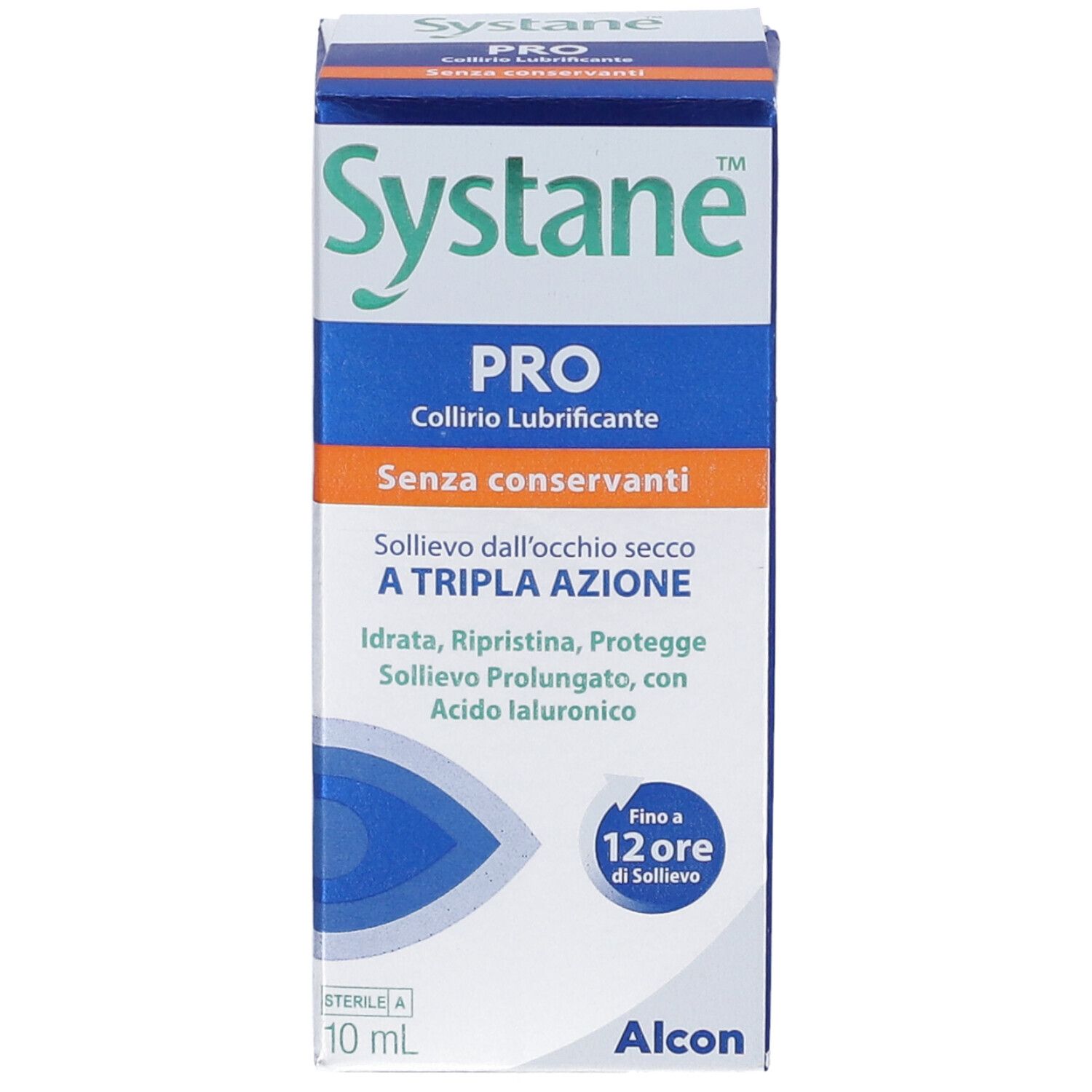 Collirio Systane PRO, 10 ml, senza conservanti, con acido ialuronico.
