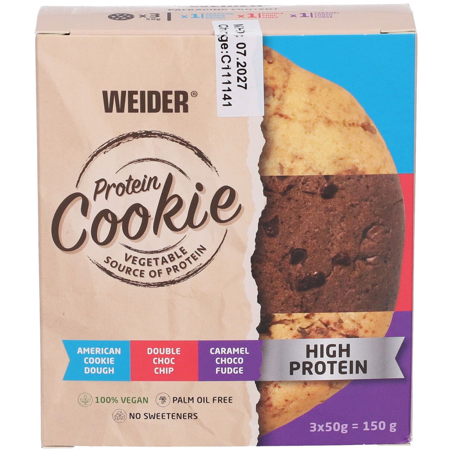 Confezione WEIDER Protein Cookie con 3 biscotti: American Cookie Dough, Double Choc Chip, Caramel Choco Fudge.