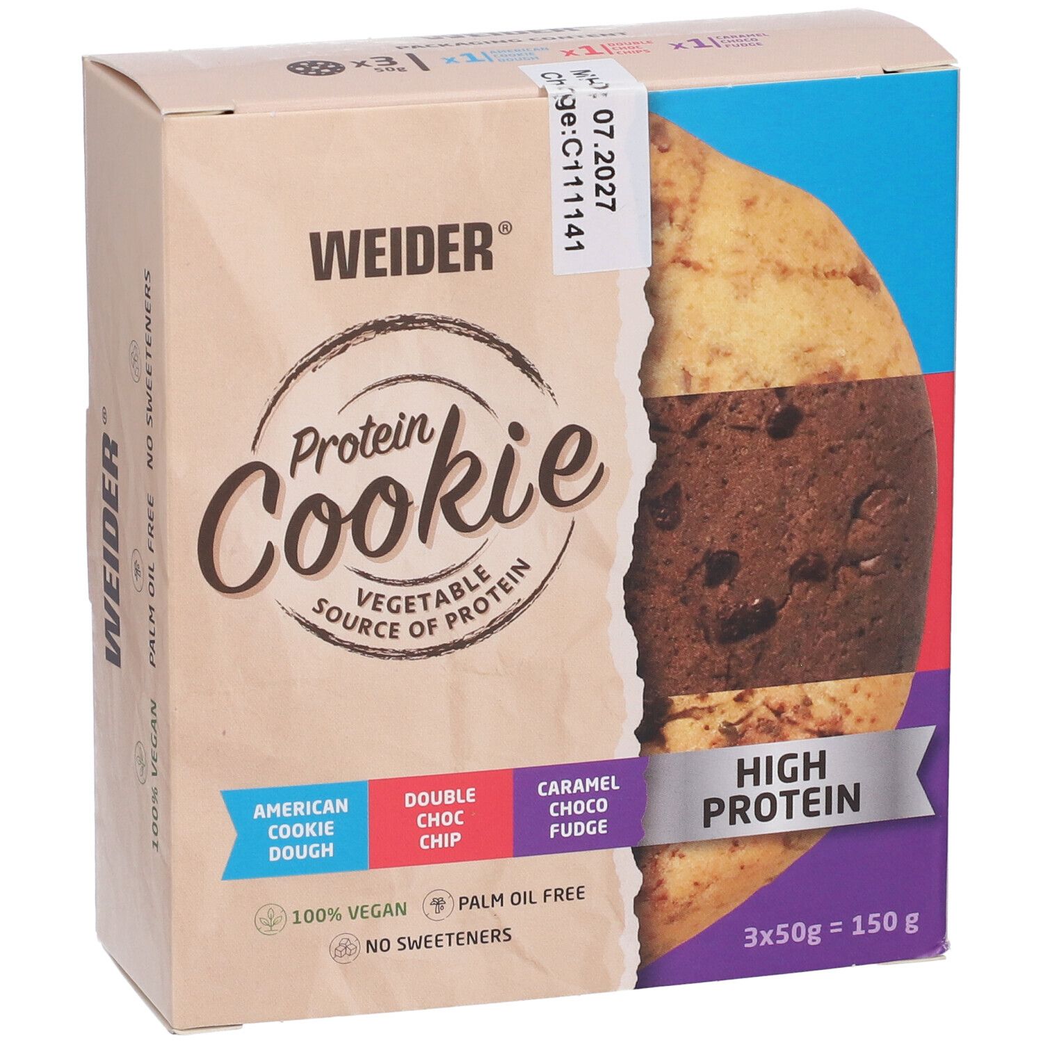 WEIDER Protein Cookie confezione, fronte: 100% Vegano, Senza Olio di Palma, Senza Dolcificanti.