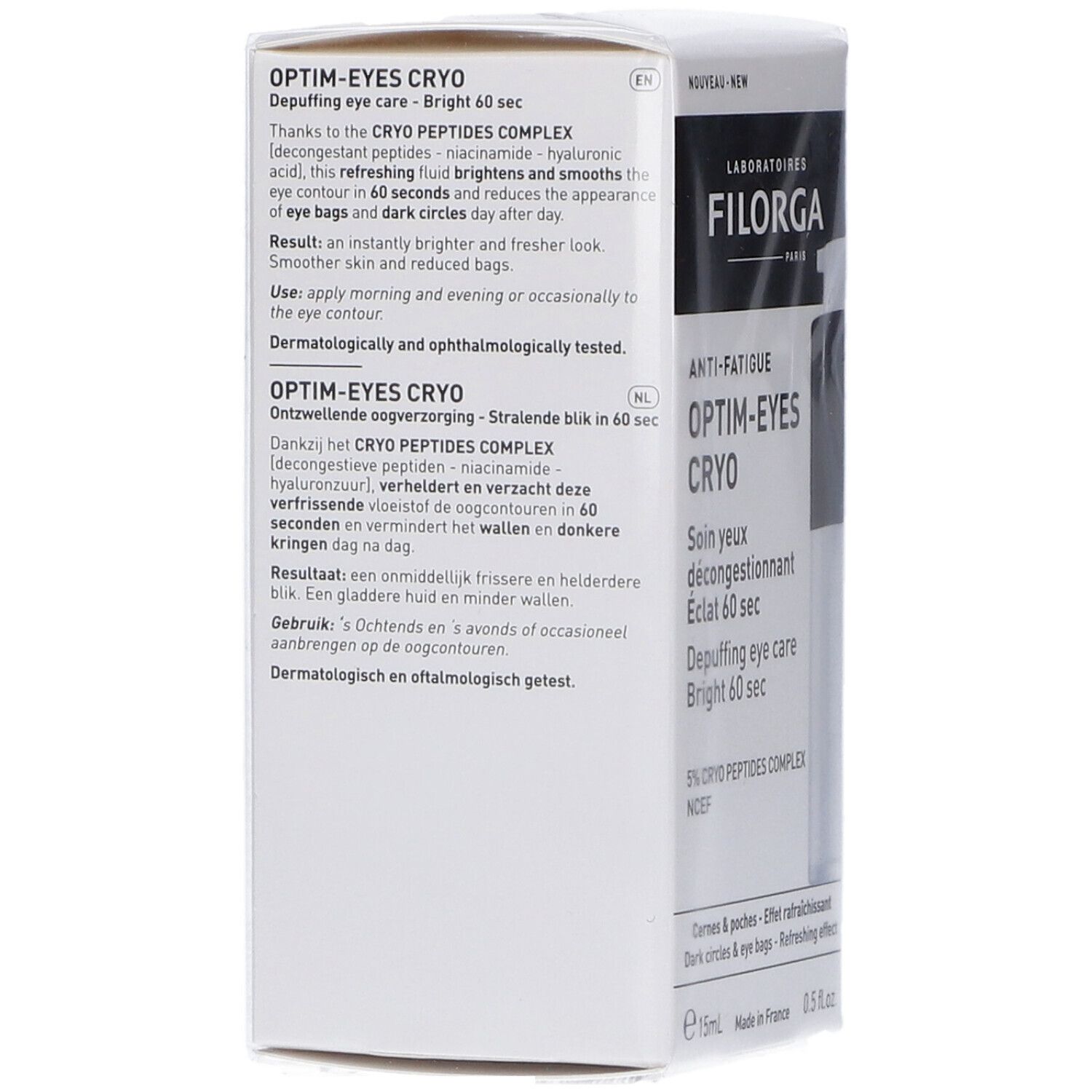 Confezione Filorga Optim-Eyes Cryo, lato con descrizione in italiano e olandese.