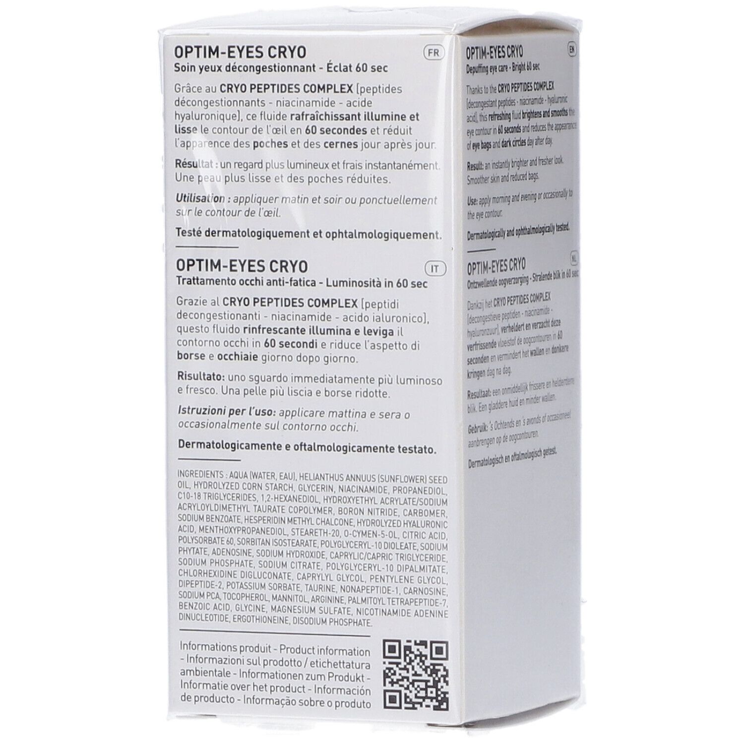 Confezione Filorga Optim-Eyes Cryo, lato con descrizione in francese, italiano e inglese.