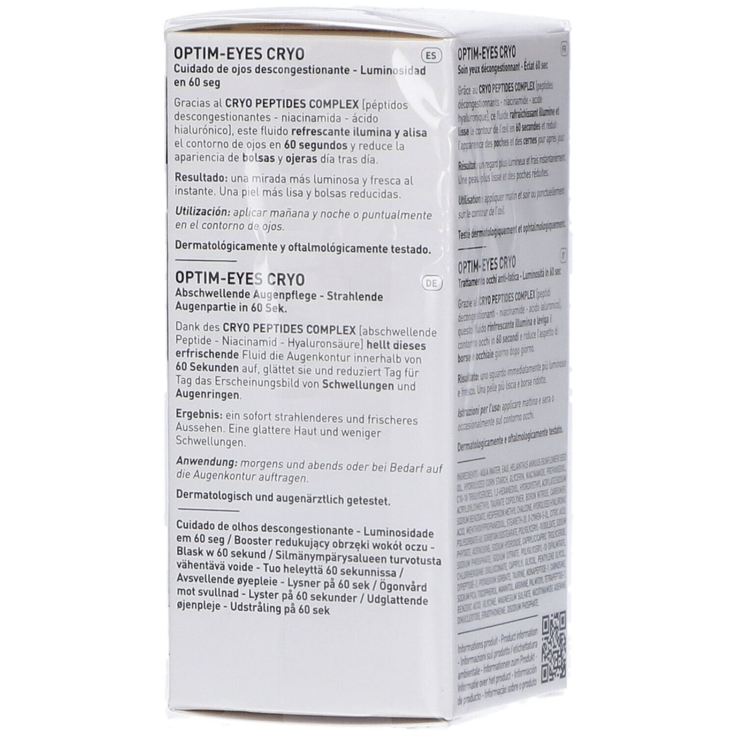 Confezione Filorga Optim-Eyes Cryo, lato con descrizione in spagnolo, tedesco e inglese.