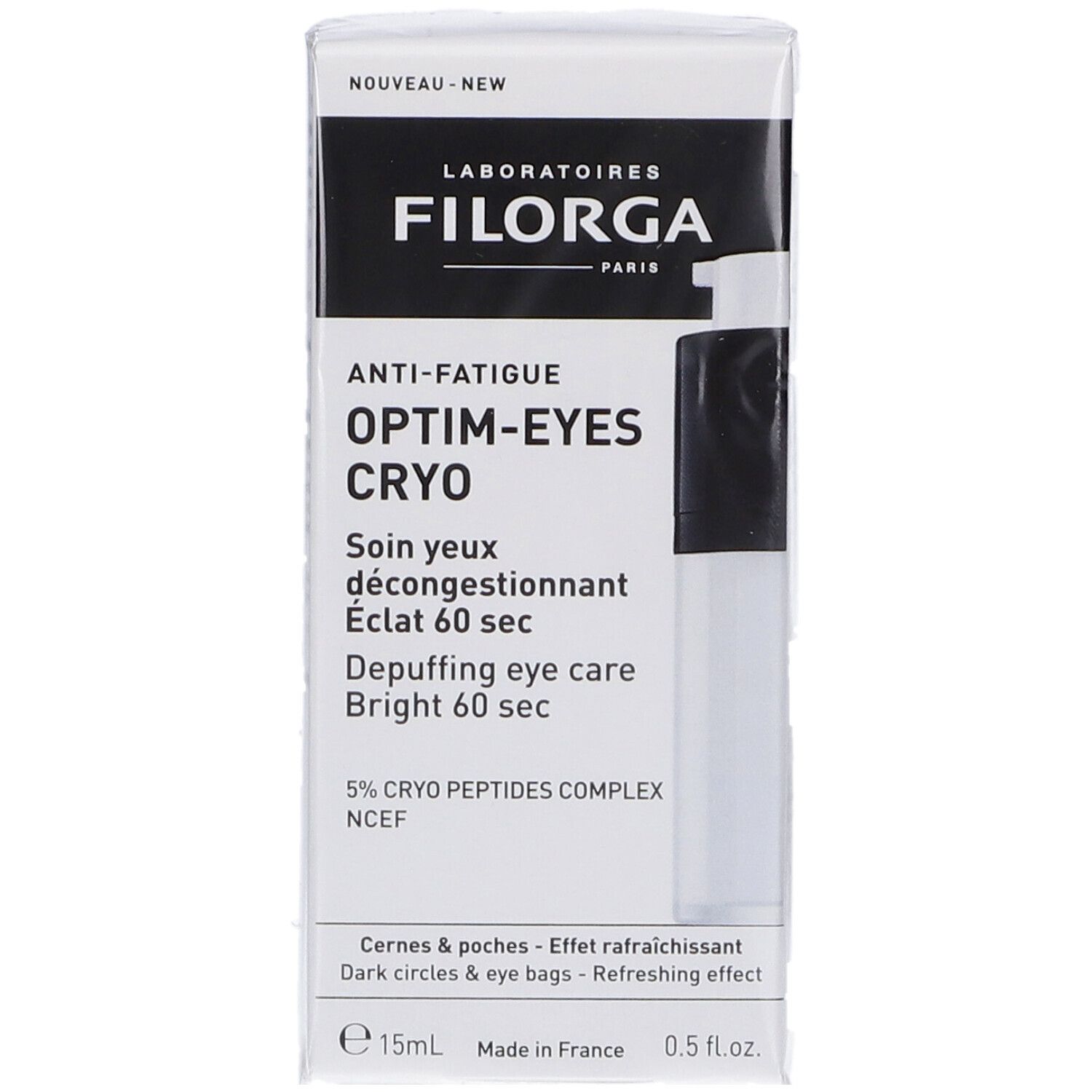 Confezione Filorga Optim-Eyes Cryo per il contorno occhi con immagine e dettagli del prodotto.