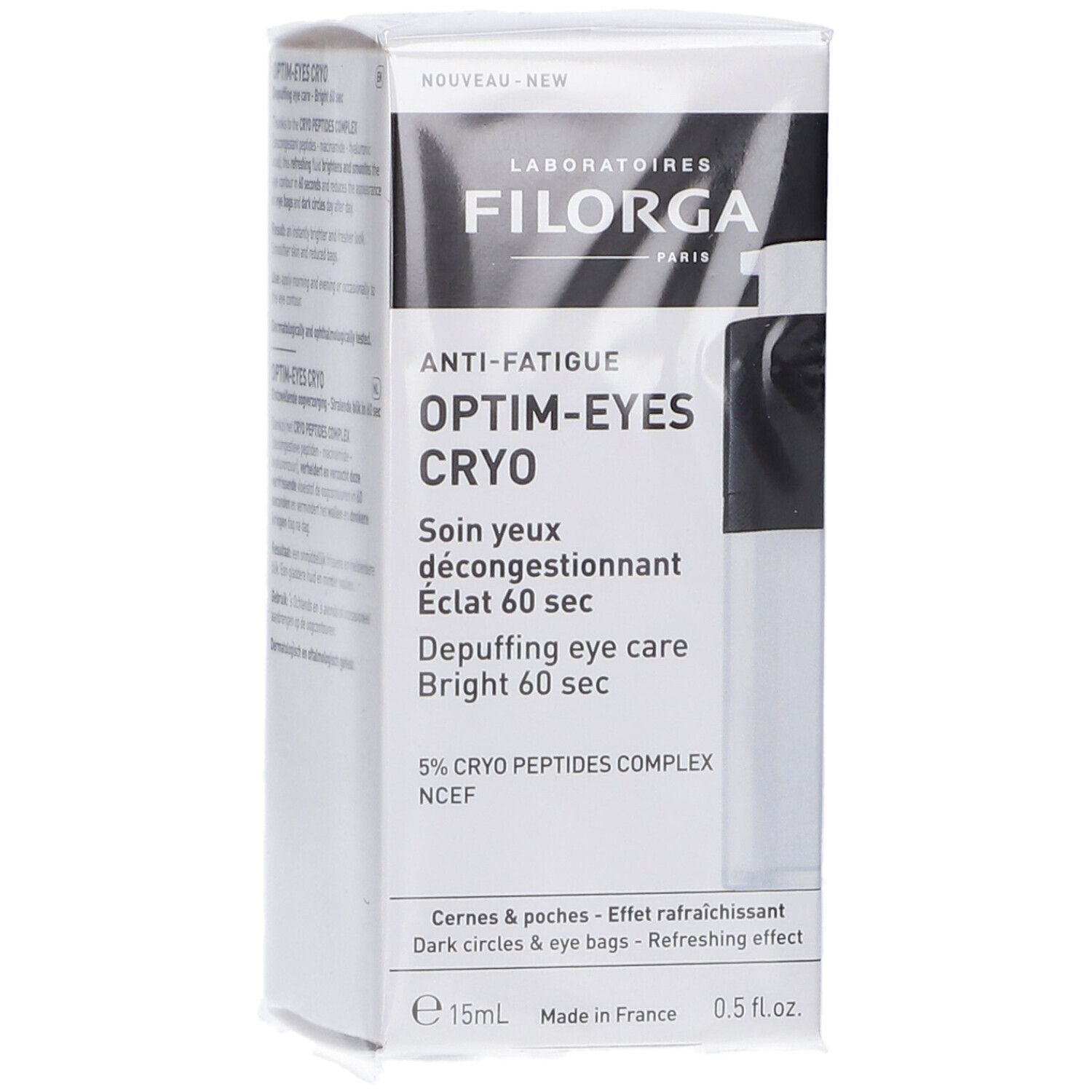 Confezione Filorga Optim-Eyes Cryo per il contorno occhi con immagine e dettagli del prodotto.
