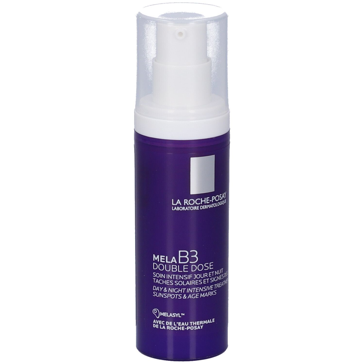 Crema viso La Roche-Posay Mela B3 Double Dose con erogatore, vista leggermente angolata.