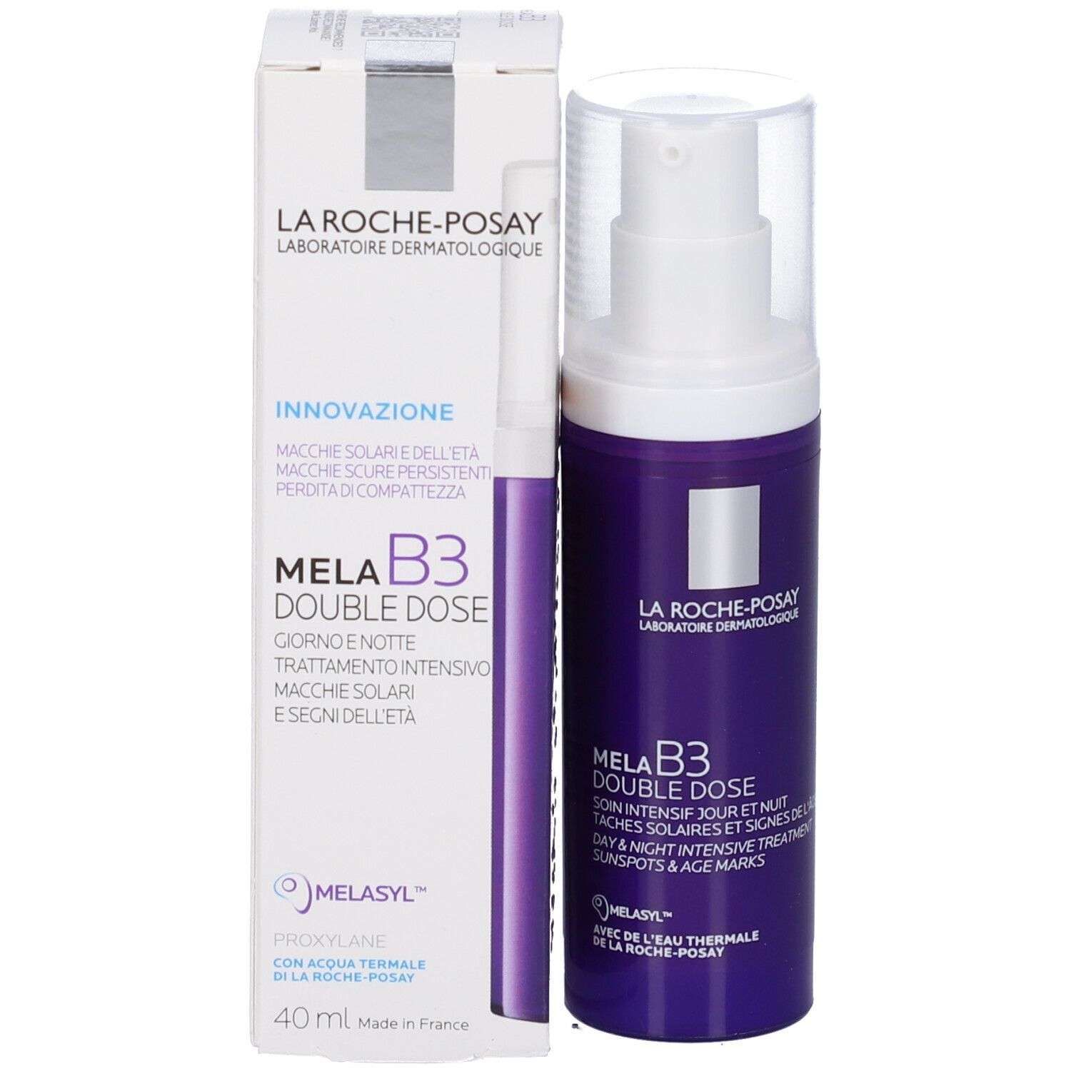 Crema viso La Roche-Posay Mela B3 Double Dose con erogatore e scatola.