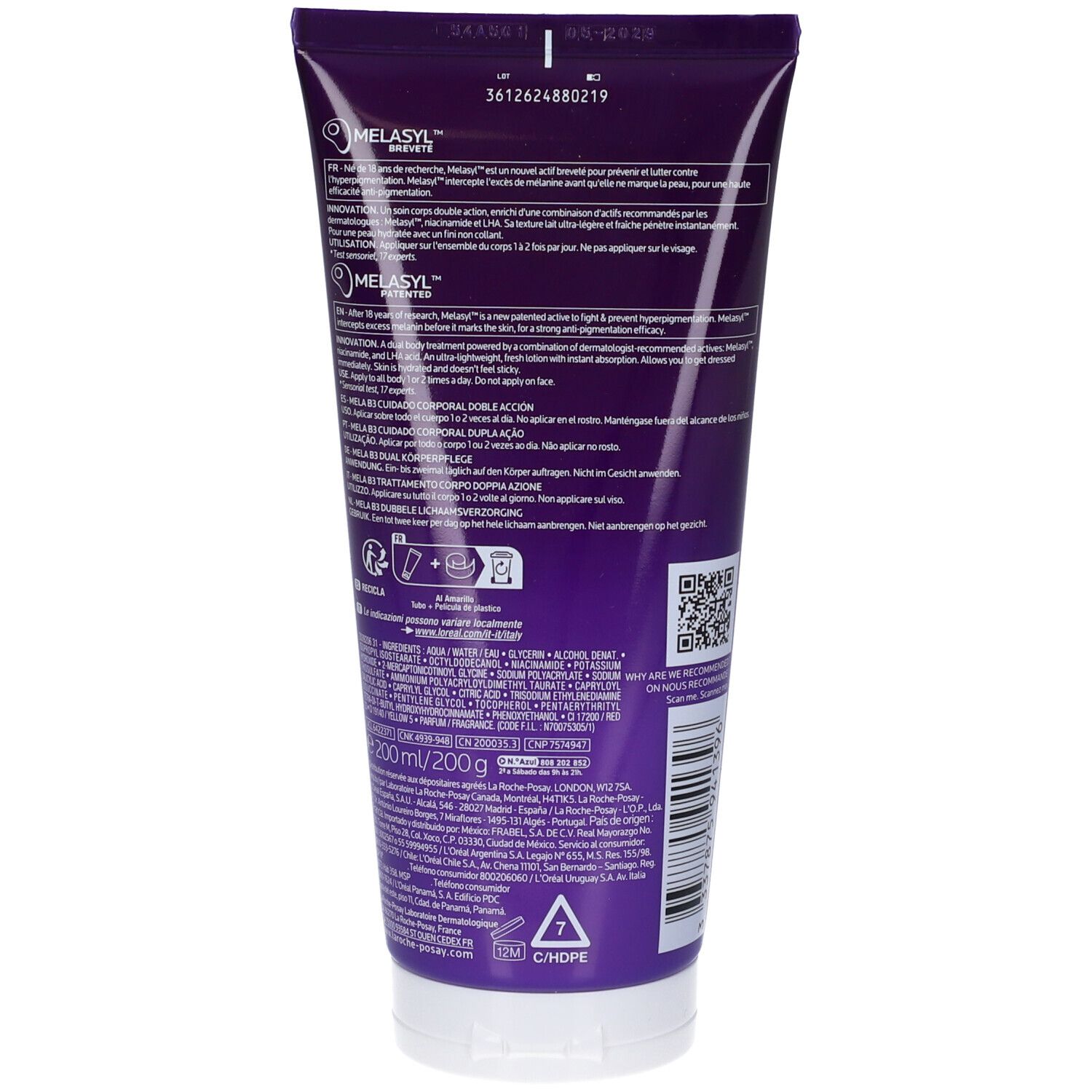 Retro del tubo La Roche-Posay Mela B3 per il corpo. Contiene informazioni dettagliate sul prodotto e sugli ingredienti.