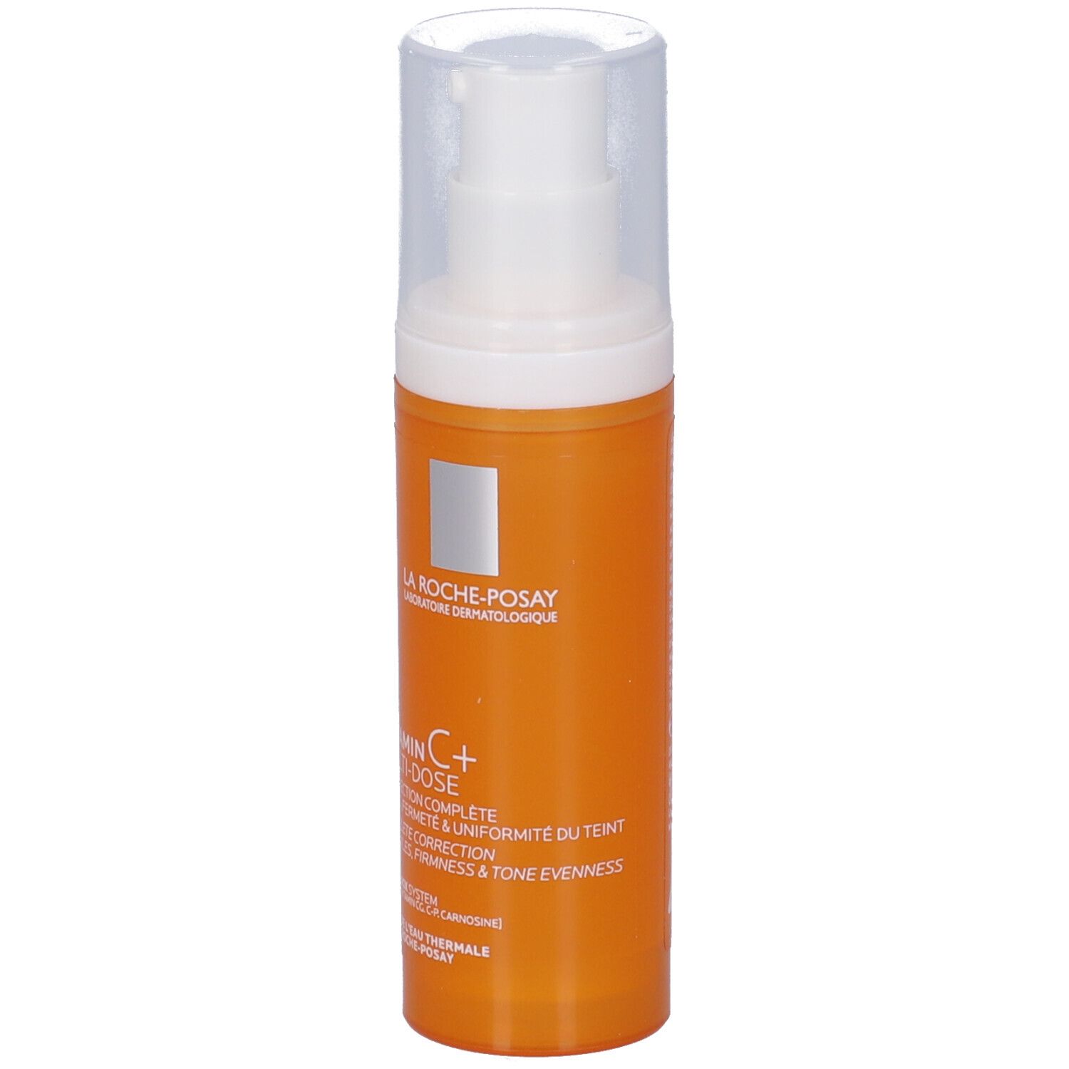 Flacone arancione con erogatore e tappo trasparente. La Roche-Posay Vitamina C+ Multi-Dose.