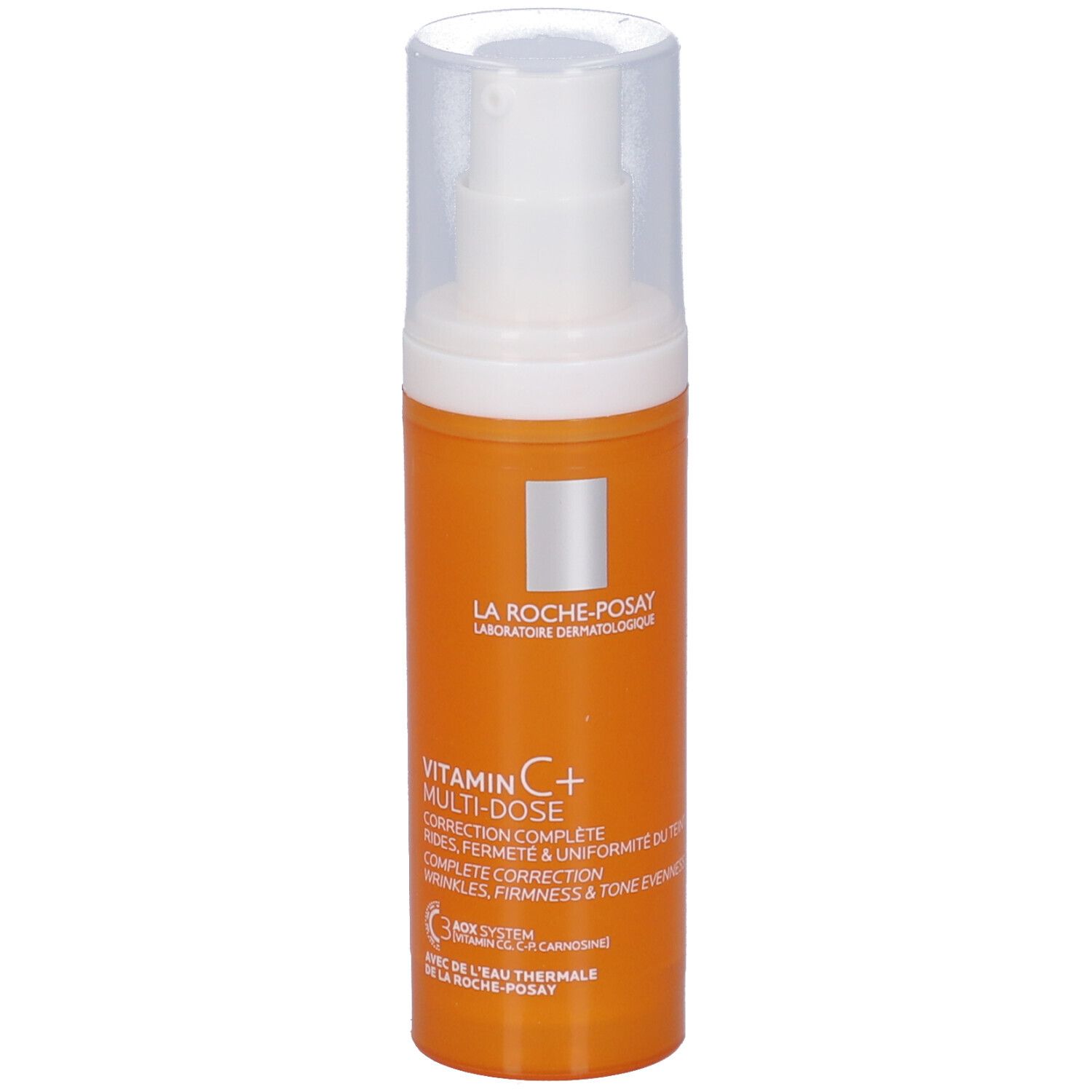 Flacone arancione con erogatore e tappo trasparente. La Roche-Posay Vitamina C+ Multi-Dose.