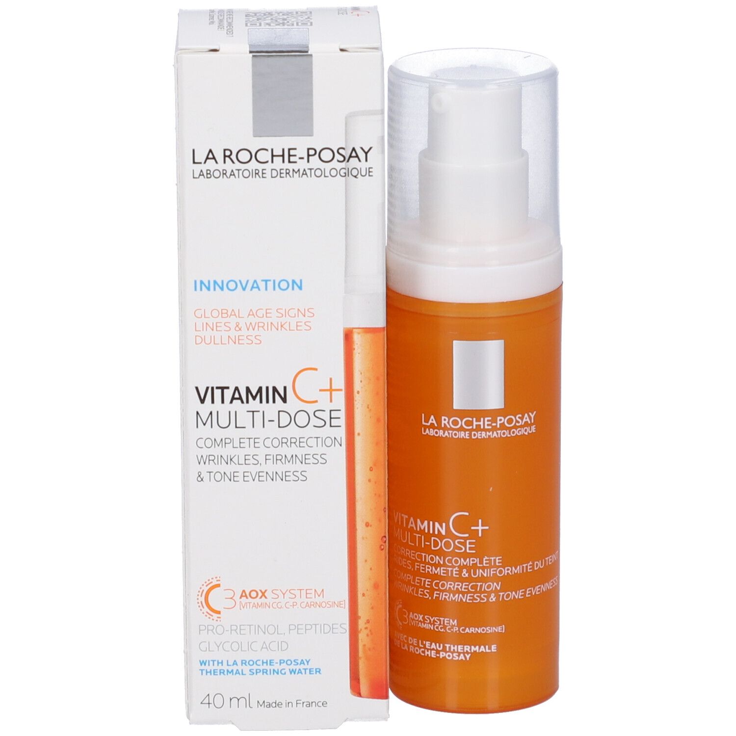 Confezione e flacone arancione con erogatore. La Roche-Posay Vitamina C+ Multi-Dose.