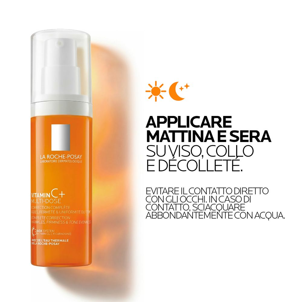 Flacone arancione con erogatore, La Roche-Posay Vitamina C+ Multi-Dose, istruzioni per l'uso.