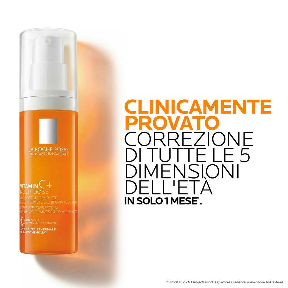 Flacone arancione con erogatore, La Roche-Posay Vitamina C+ Multi-Dose, clinicamente provato.