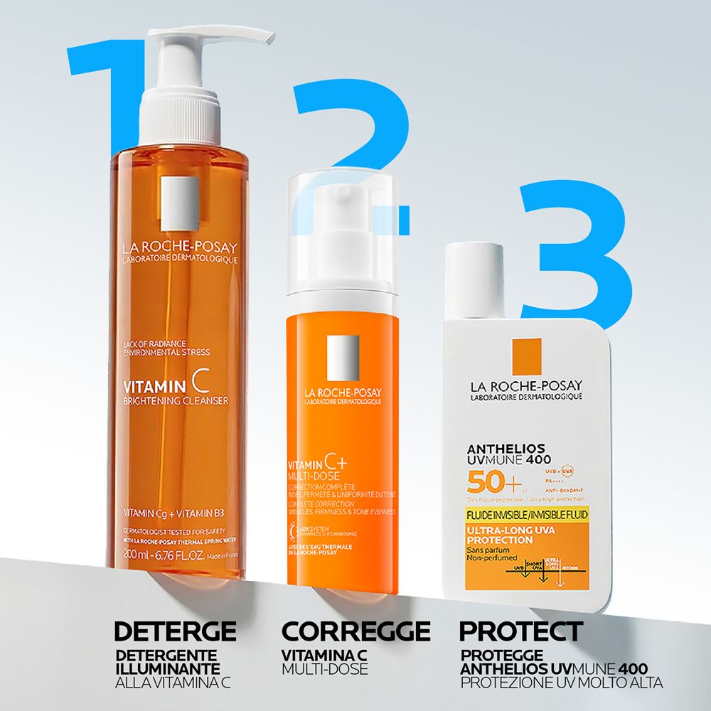 Flacone detergente, flacone La Roche-Posay Vitamina C+ Multi-Dose, protezione solare.