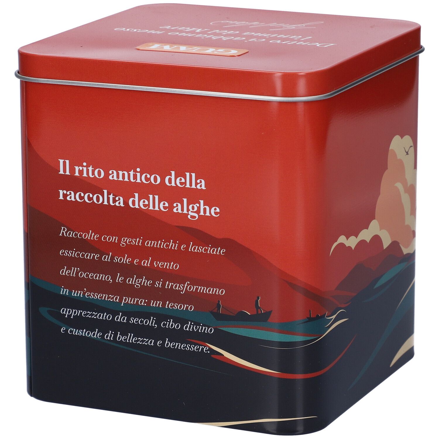 Latta metallica rossa con testo sulle alghe e motivo marino.