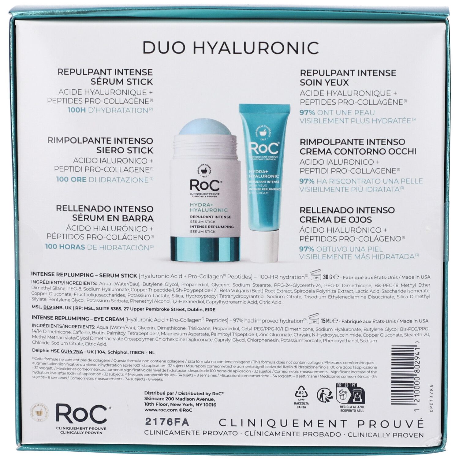 RoC Duo Hyaluronic Set stick siero e crema contorno occhi, idratazione intensa.