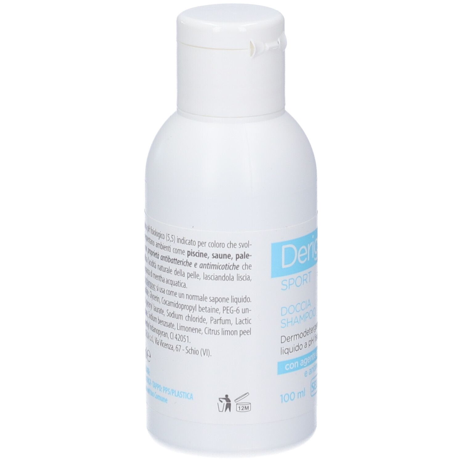 Flacone bianco con etichetta blu: Dercos Sport Doccia Shampoo, 100ml.