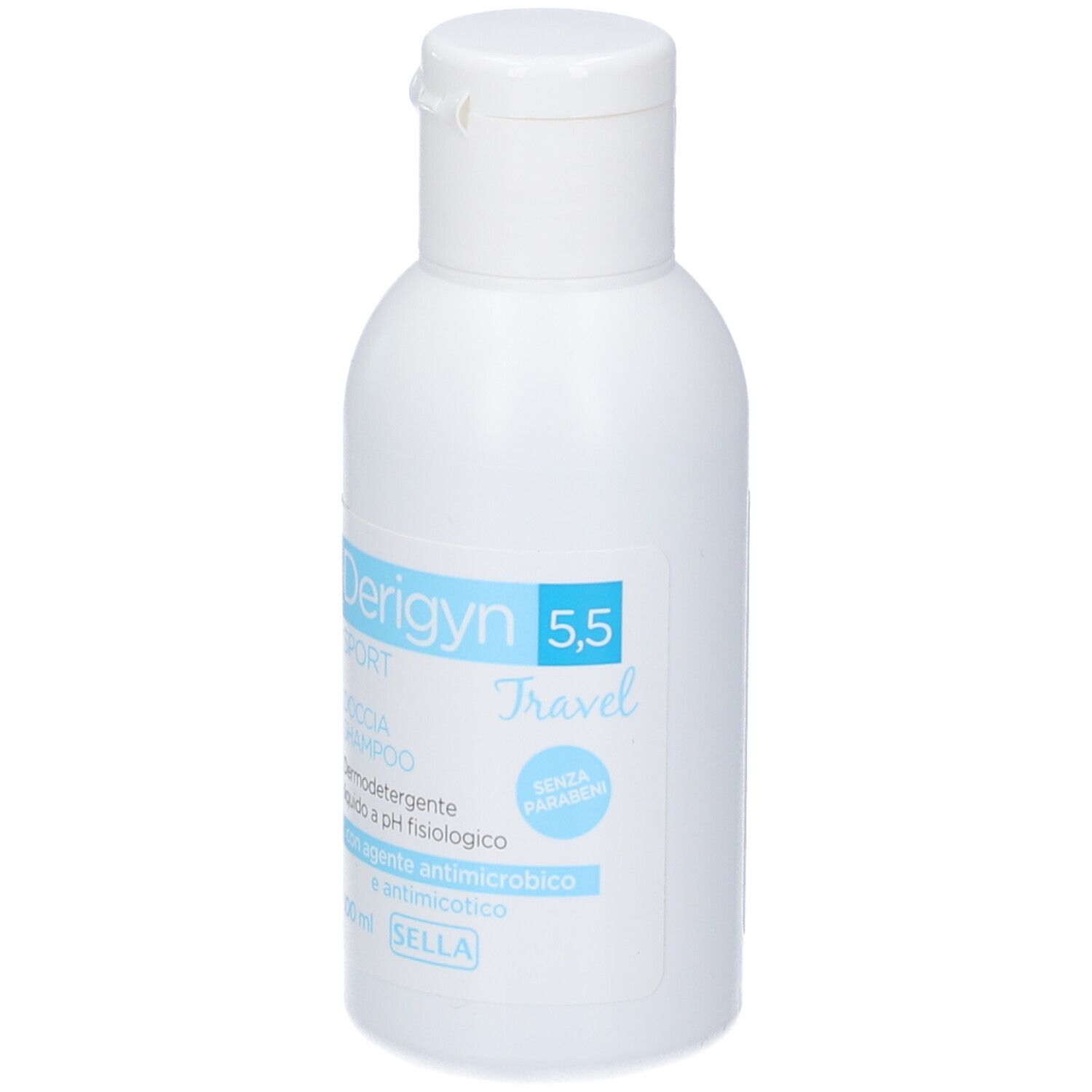 Flacone bianco formato viaggio Derigyn 5,5 Travel Shampoo. Contiene 100 ml.