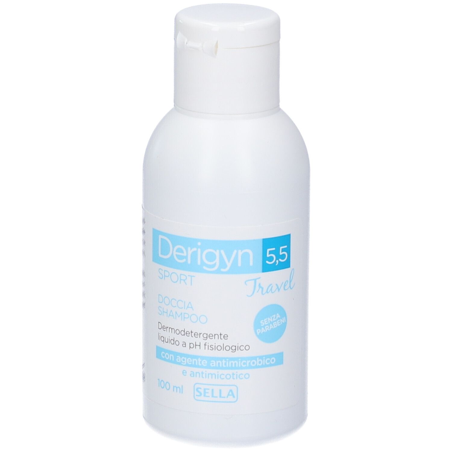 Flacone bianco Derigyn 5,5 Sport Travel Doccia Shampoo, 100 ml.
