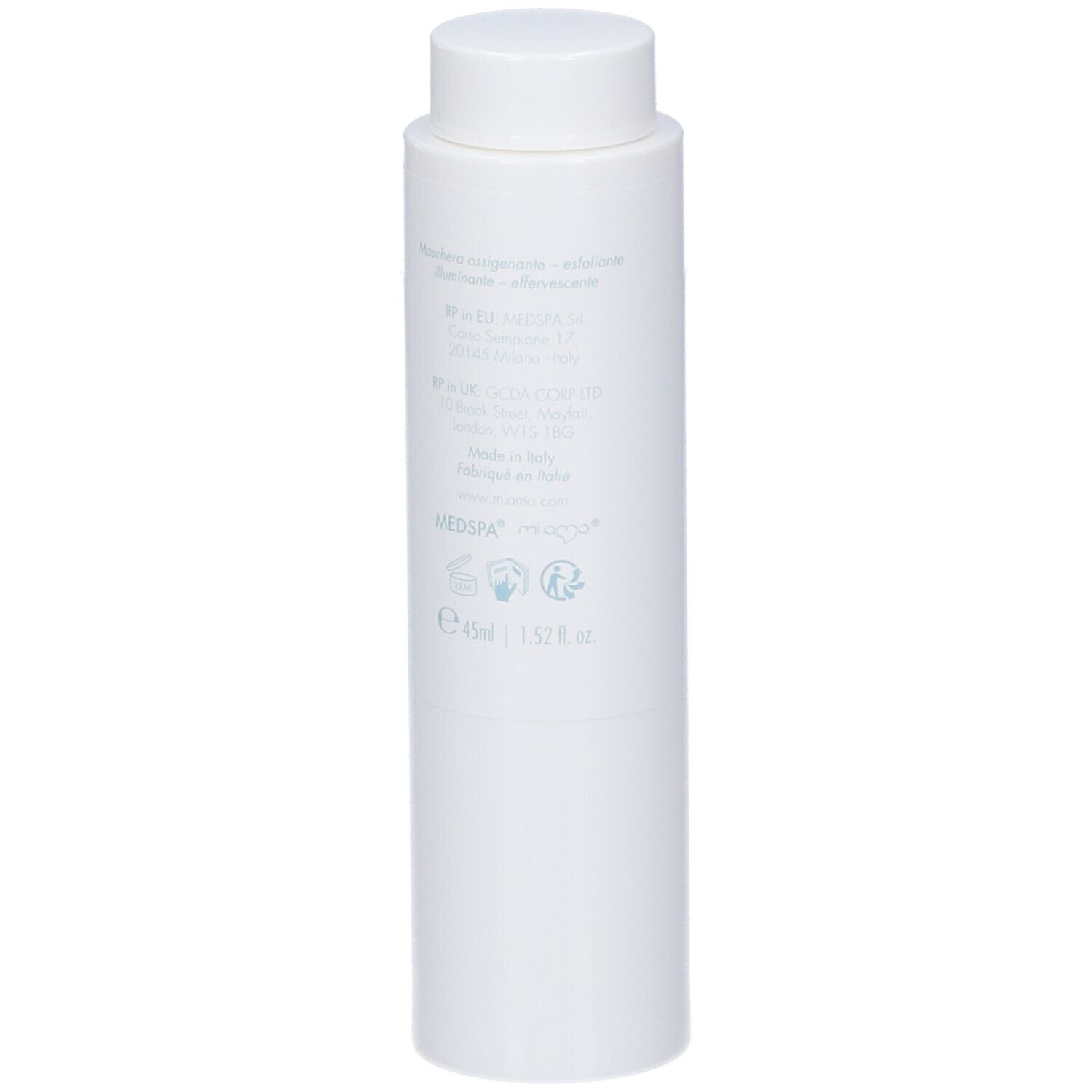 Flacone bianco con tappo bianco, 45ml, per la cura della pelle.