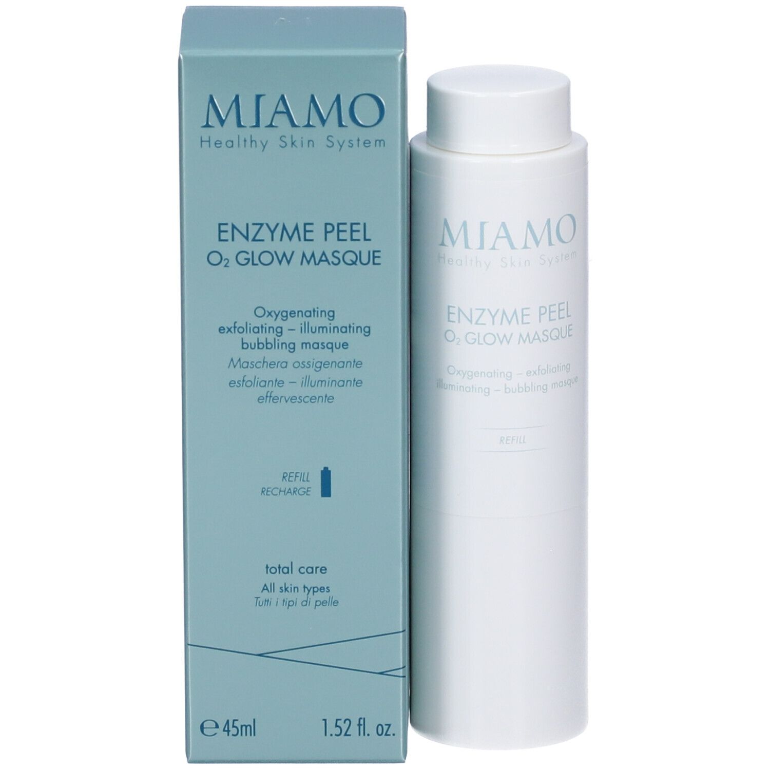 MIAMO Enzyme Peel O2 Glow Masque flacone (45ml). Maschera ossigenante, esfoliante, illuminante e frizzante. Ricaricabile.