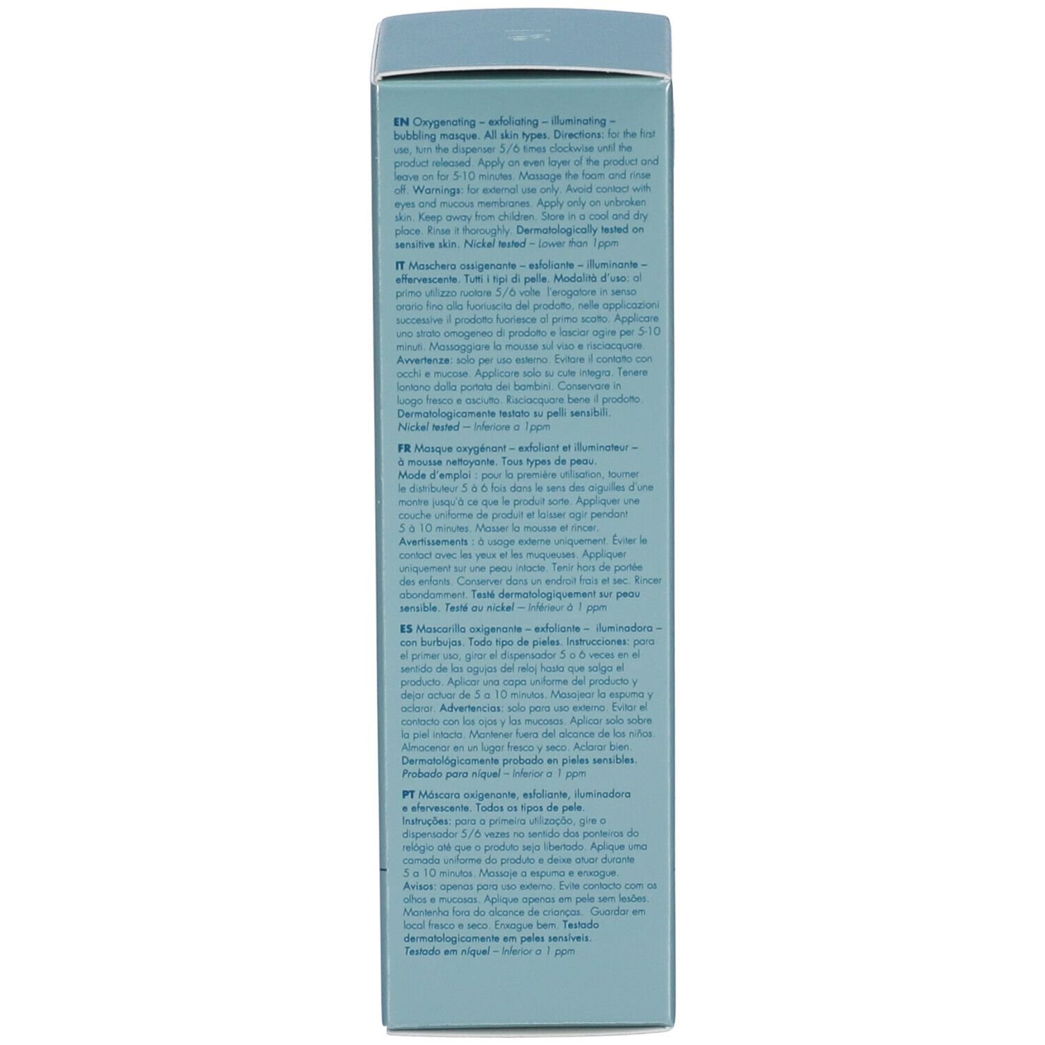 Confezione di una maschera viso con istruzioni per l'uso multilingue.