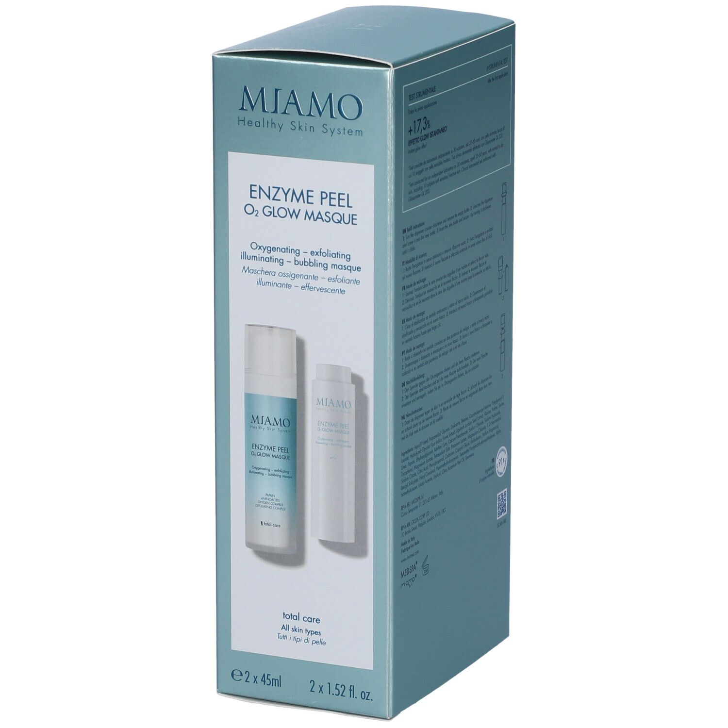 MIAMO Enzyme Peel O2 Glow Masque Set: 2 flaconi da 45ml in confezione. Maschera ossigenante, esfoliante, illuminante e frizzante.