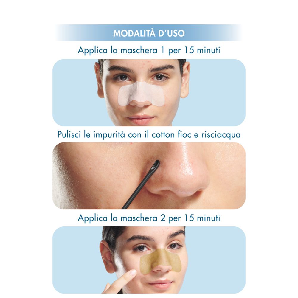 Applicazione Miamo Blackhead Clear Duo Nose Mask: Step 1 e Step 2 sul naso.
