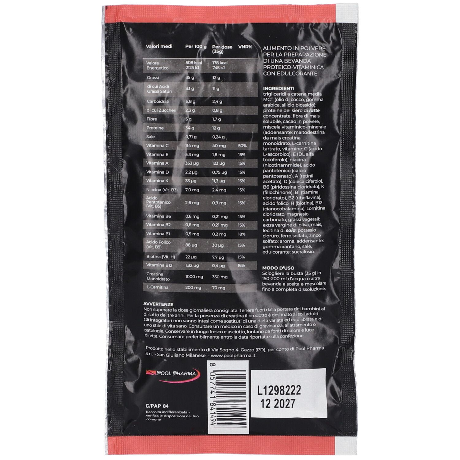 Retro della Kilocal Keto Shape Cacao Busta con valori nutrizionali e lista ingredienti.