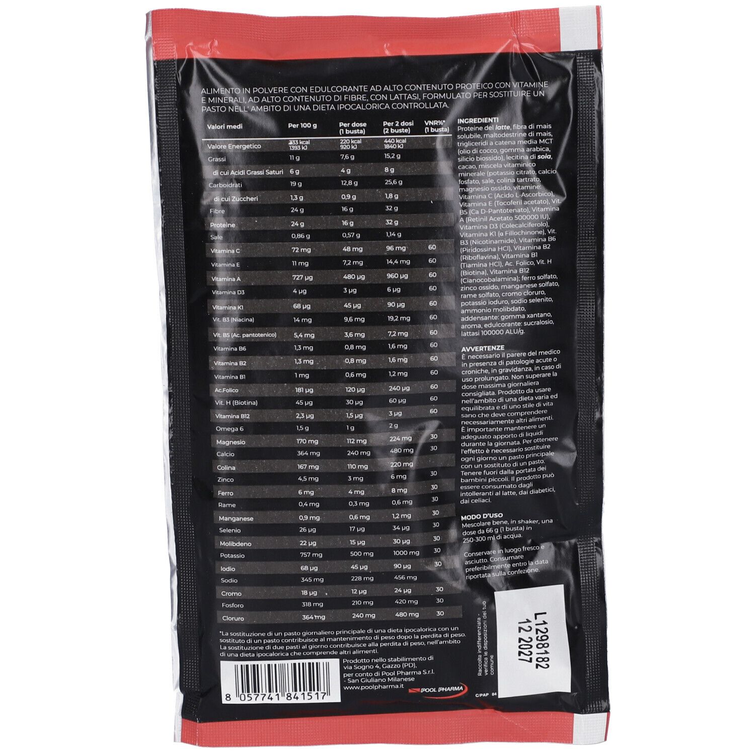 Retro di una confezione Kilocal Pasto Sostitutivo Cacao con informazioni nutrizionali e lista ingredienti.