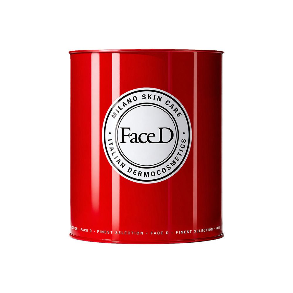 Lattina metallica rossa con logo FaceD Milano Skin Care.