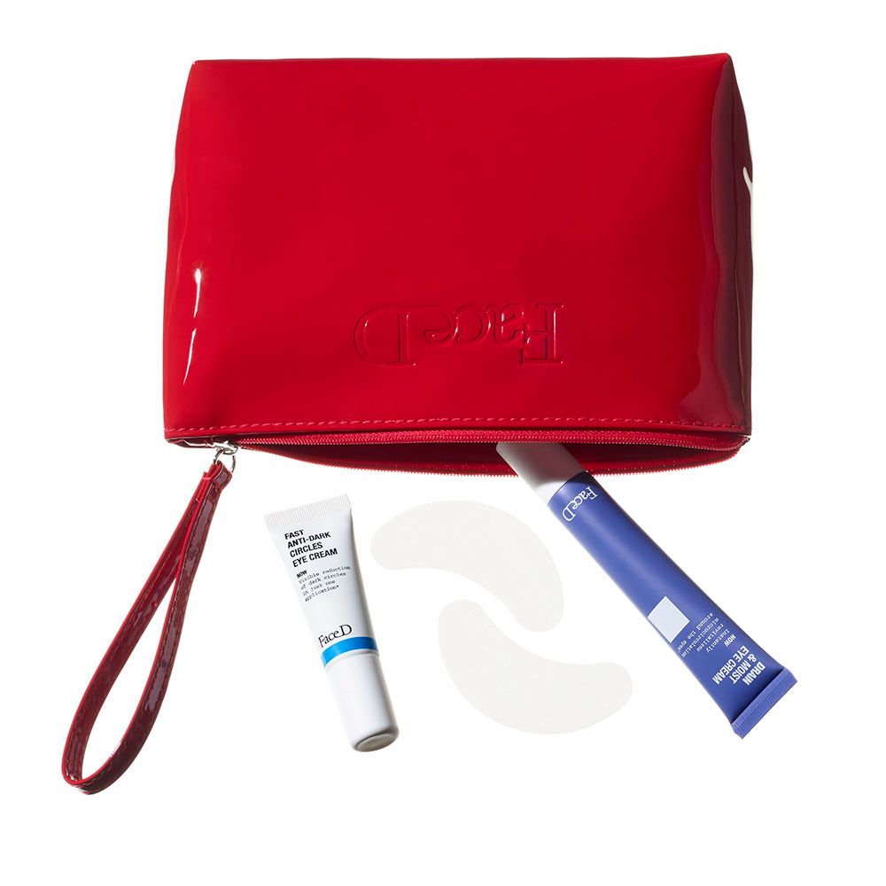 Pochette rossa lucida con logo FaceD, due tubetti di crema e patch occhi.
