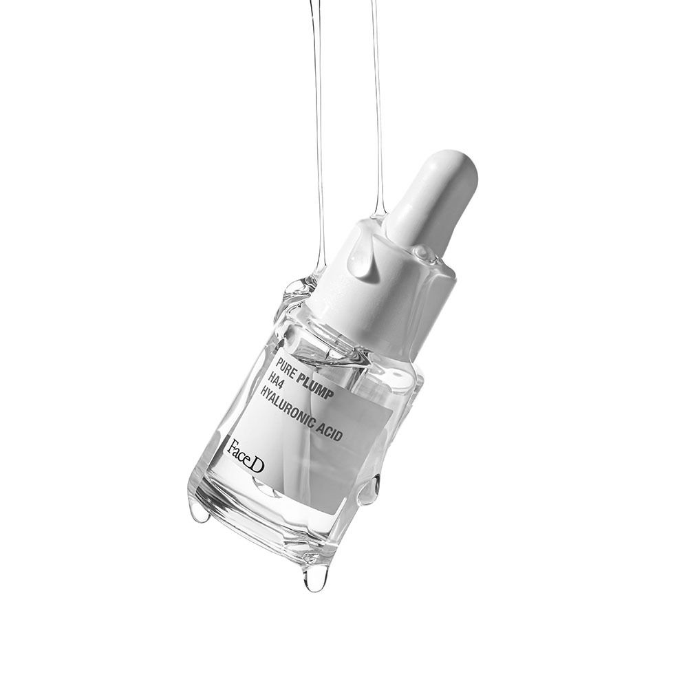 Siero FaceD Pure Plump HA4 Acido Ialuronico con gocce che pendono.