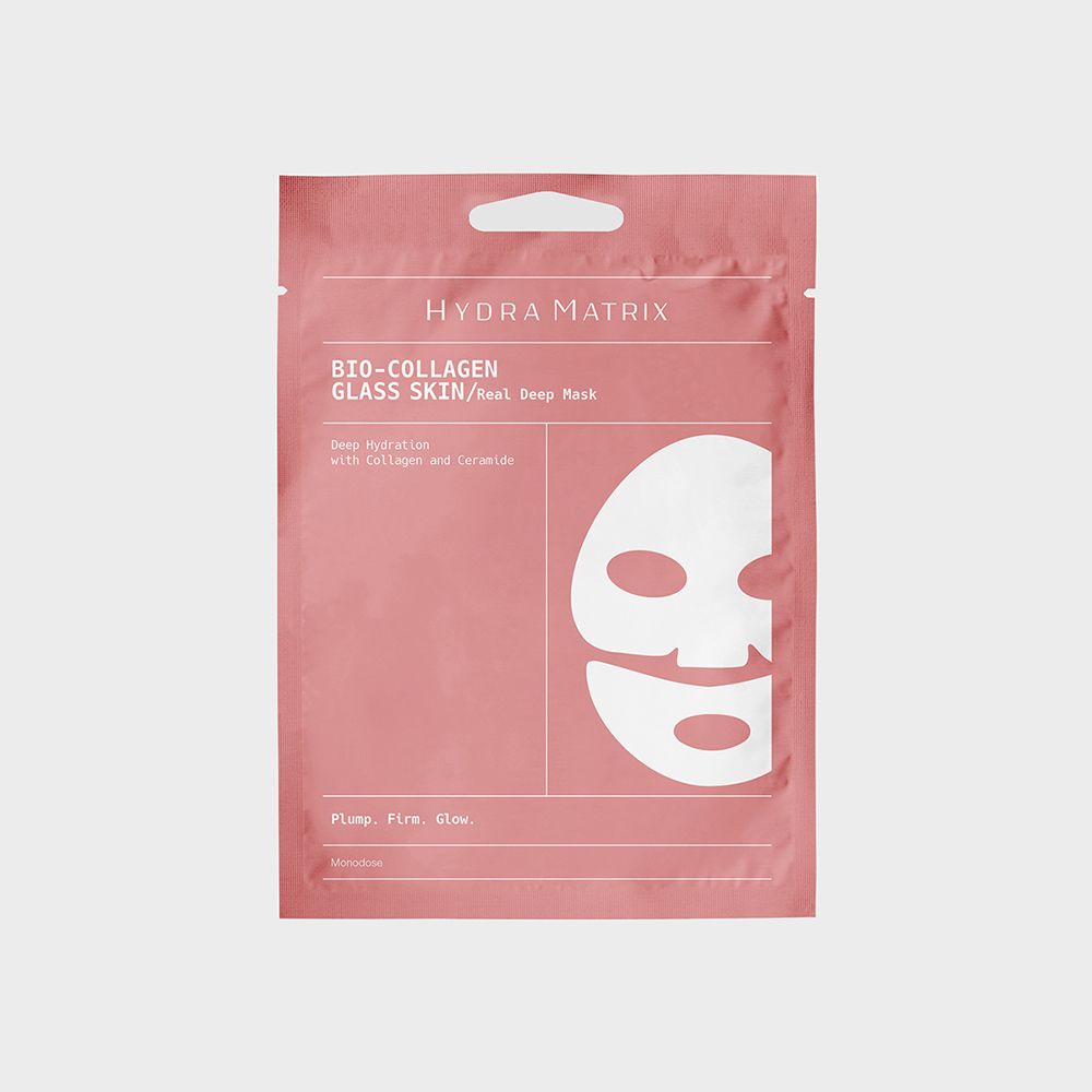 HYDRA MATRIX BIO-COLLAGEN GLASS SKIN bustina maschera con illustrazione facciale.
