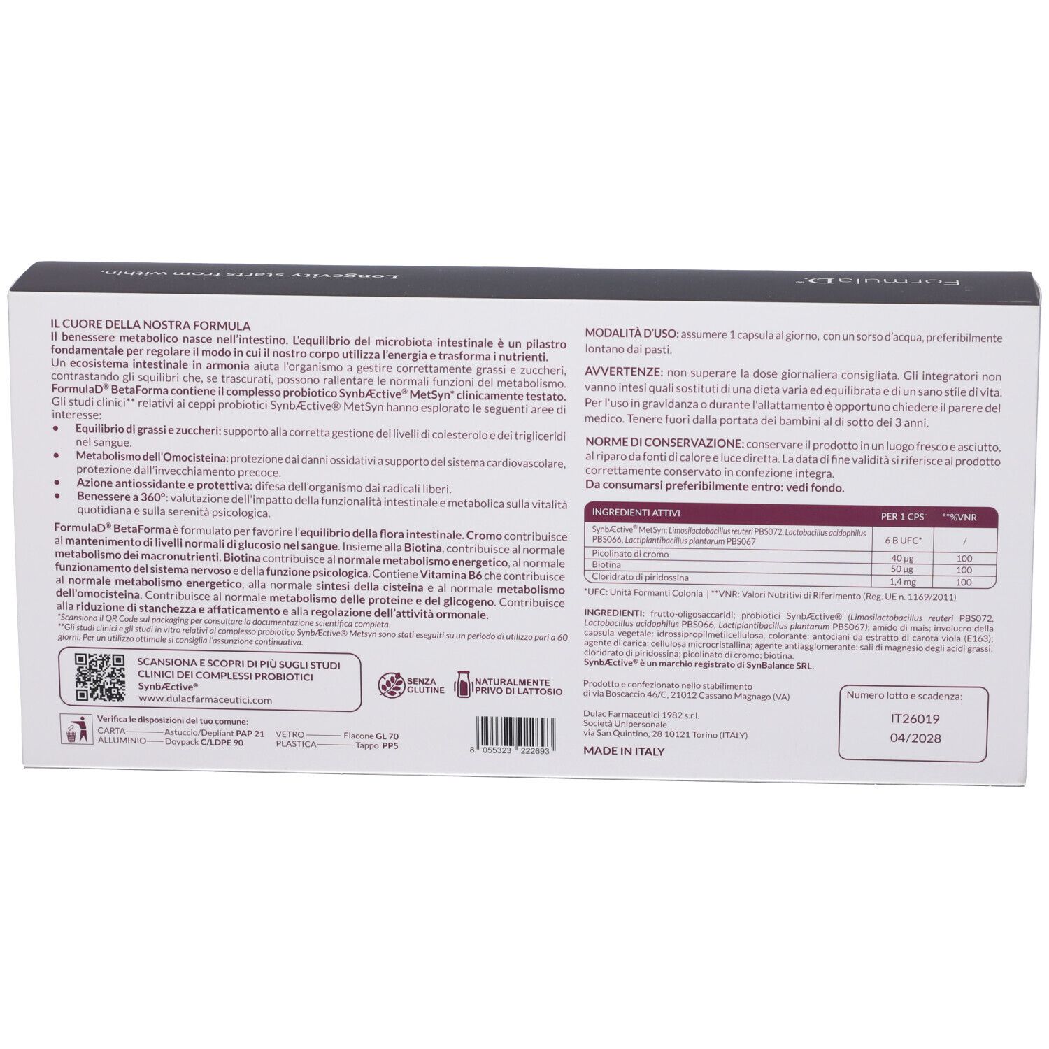 Retro confezione capsule BetaForma con dettagli su uso e ingredienti.