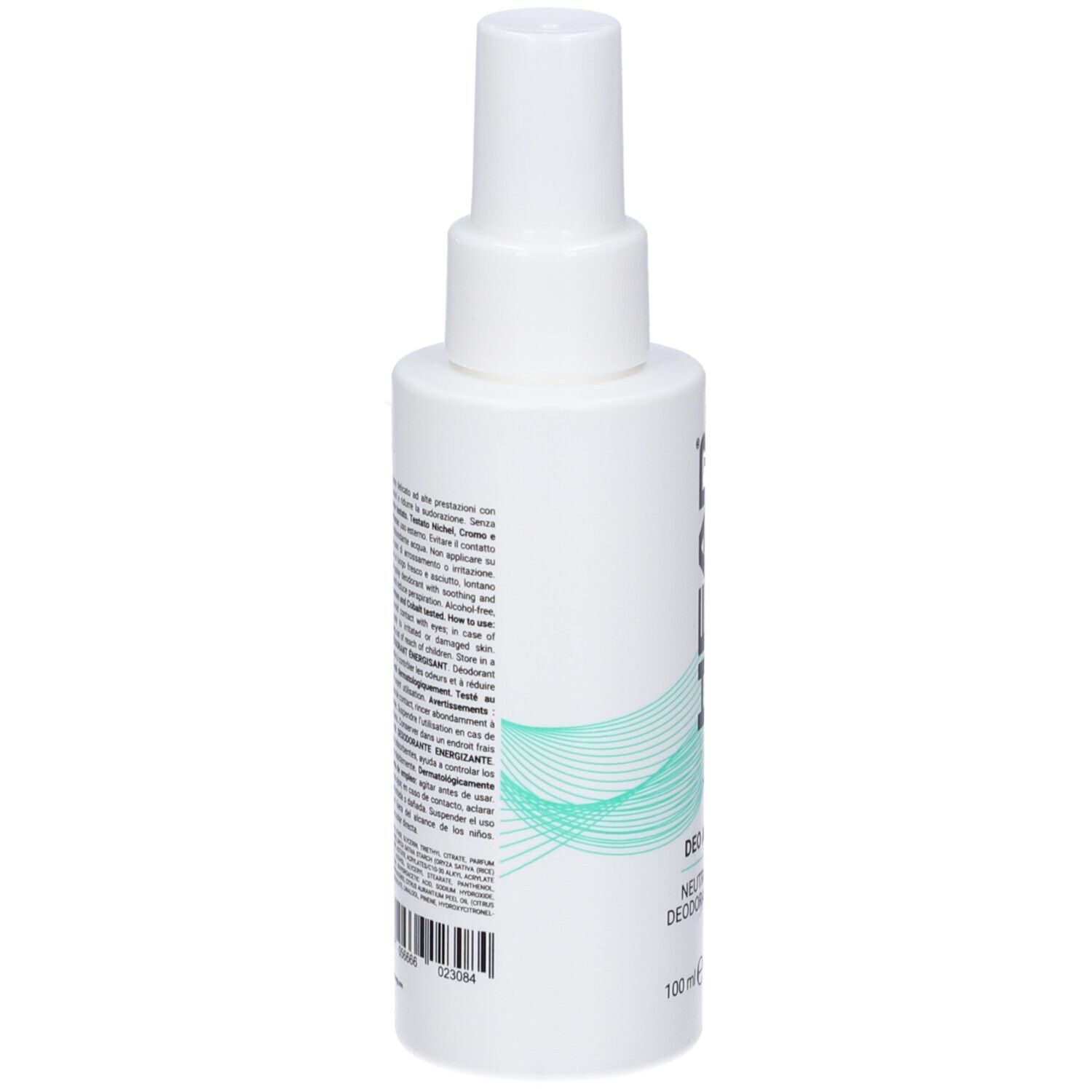 Flacone spray bianco con etichetta che mostra 'DEO' e una linea ondulata. 100ml.