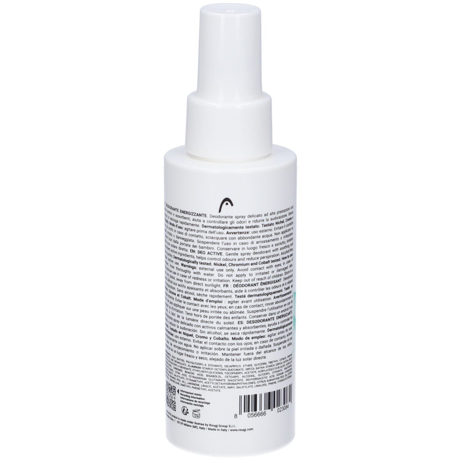 Flacone spray bianco con tappo bianco. Contiene testo e un logo.