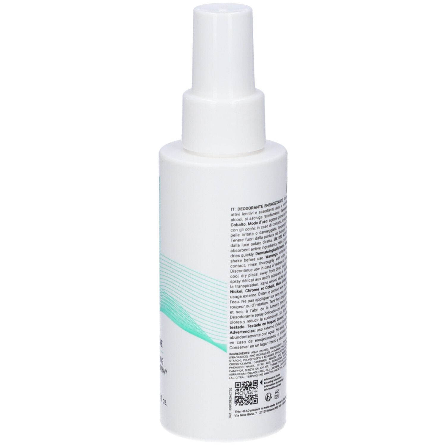 Flacone spray bianco con elemento di design turchese e scritte.